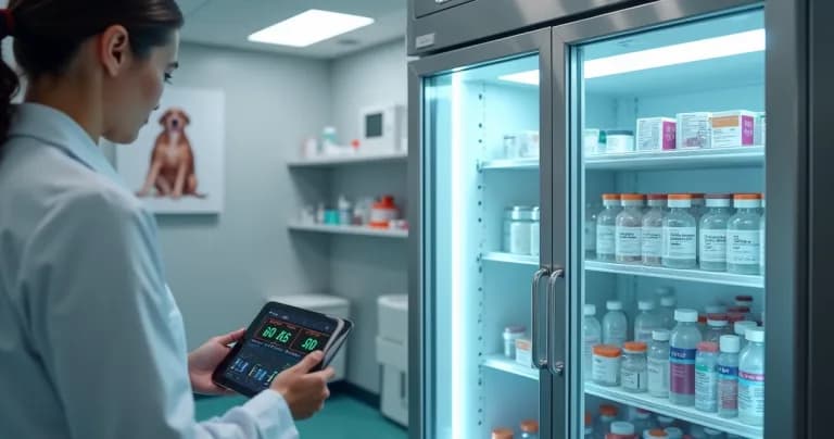 Veterinario en clínica monitoreando refrigerador de vacunas con tablet IoT