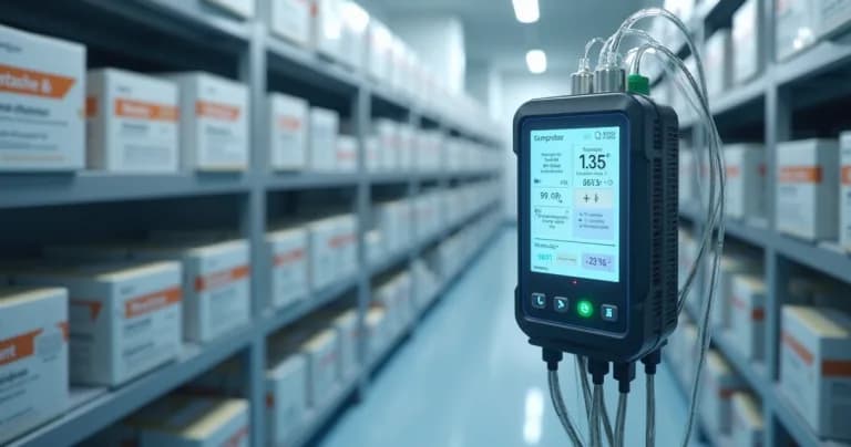 Datalogger moderno conectado a sensores en ambiente de almacenamiento controlado con cajas de medicamentos y vacunas