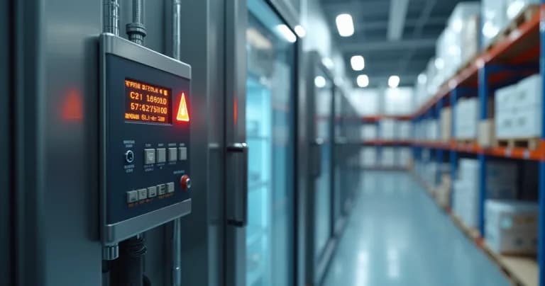 Equipo de refrigeración profesional con panel digital mostrando alerta de falla en ambiente industrial