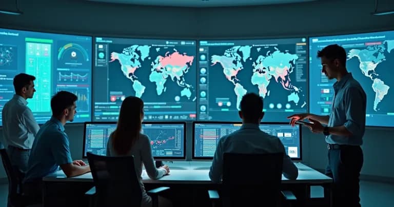 Equipo en centro de control monitoreando paneles con alertas de IoT en tiempo real