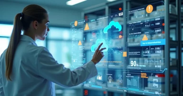 Profesional analiza datos farmacéuticos en panel de nube con frascos de medicamento al fondo