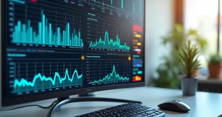 Pantalla mostrando gráficos de monitoreo en tiempo real con alertas y datos ambientales detallados