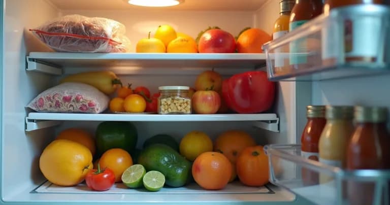 Alimentos mal almacenados en la nevera con frutas y verduras visiblemente deterioradas y empaques abiertos en una cocina