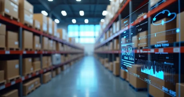 Panel digital mostrando datos ambientales en almacén con cajas y sensores IoT instalados