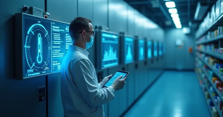 Cold storage unit with connected IoT sensors displaying monitoring data on digital screens