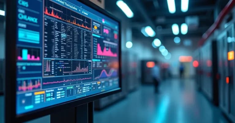 Pantalla digital mostrando gráficos y alertas en tiempo real sobre descarte seguro de materiales sensibles con inteligencia artificial