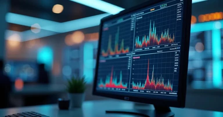 Monitor con gráficos de datos ambientales y alertas de fallas en tiempo real