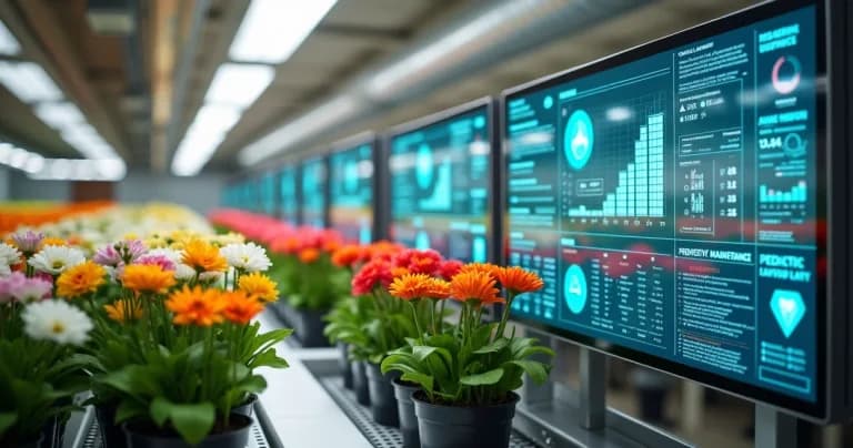 Pantalla moderna mostrando datos de monitoreo ambiental en una floristería con sensores IoT instalados en las plantas y equipos de control climático