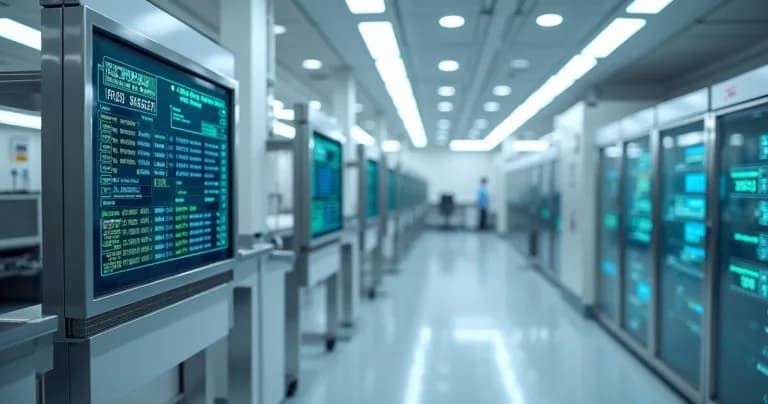 Laboratorio clínico moderno con equipos IoT monitoreando condiciones ambientales en tiempo real