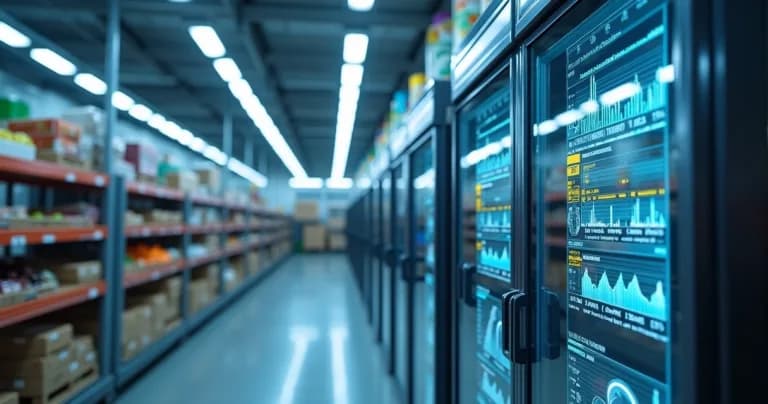 Digital IoT monitoring panel displaying environmental data in food storage environment