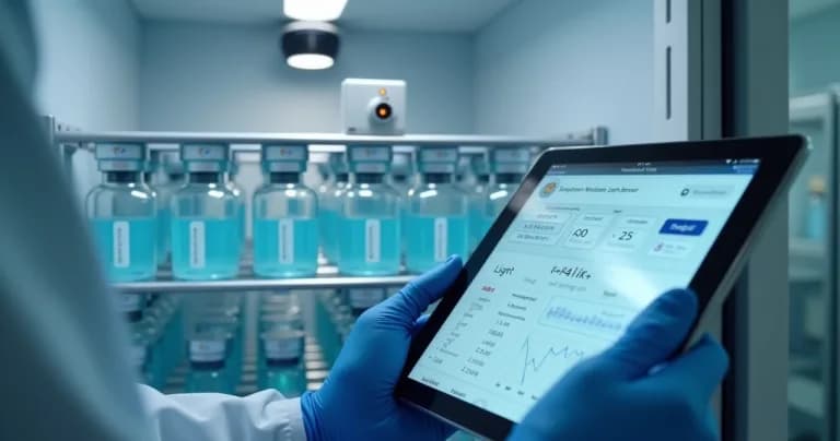 Frascos de vacunas en heladera médica con sensor de luminosidad conectado por IoT