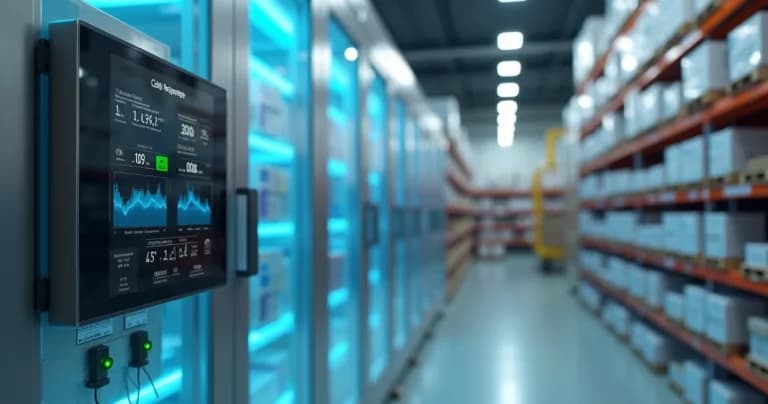 Sensores IoT monitoreando condiciones en la cadena de frío con panel digital y ambiente refrigerado