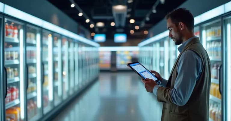 Gestor analizando panel digital de monitoreo de temperatura en tienda de retail con refrigeradores