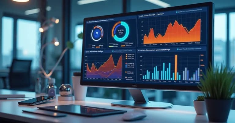 Pantalla de computadora mostrando dashboard con gráficos de monitoreo en tiempo real de insumos sensibles a la temperatura