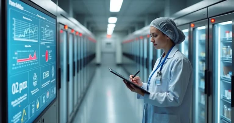 Technician registering non-conformity in cold chain in front of cold chambers