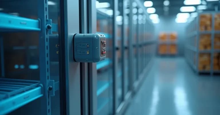 Autonomous sensor installed on refrigeration equipment monitoring temperature in modern cold storage facility