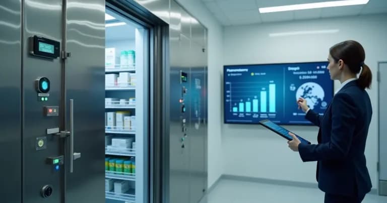 Dashboard with IoT sensors monitoring temperature in cold chamber during certification audit