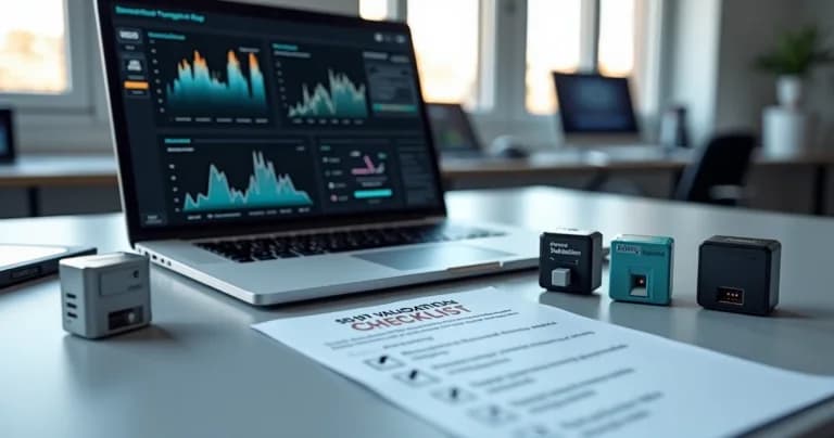 Mesa de escritorio con sensores IoT, laptop mostrando gráficos de monitoreo y checklist impreso para validación de sensores