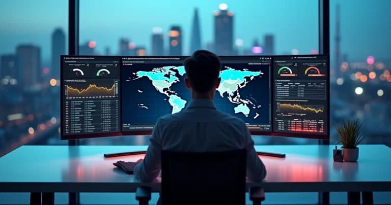 Professional analyzing remote monitoring dashboard on multiple screens