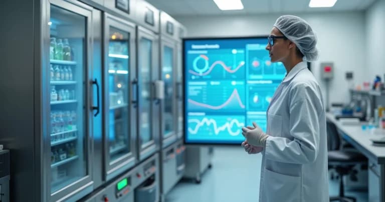 Técnica en laboratorio GMP observando panel de monitoreo continuo con gráficos de temperatura