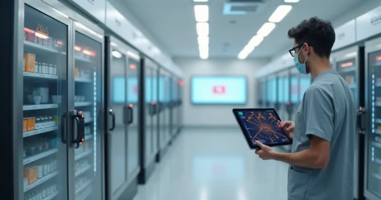 Profesional monitorea en tablet los puntos críticos de temperatura en cámaras frías de clínica