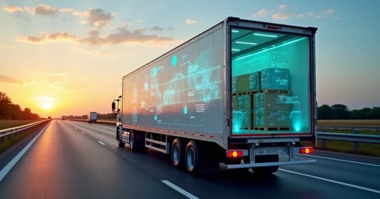 IoT sensor monitoring temperature inside refrigerated truck on highway