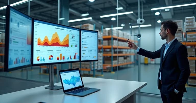 Panel con gráficos de demanda estacional y sensores IoT en almacén automatizado