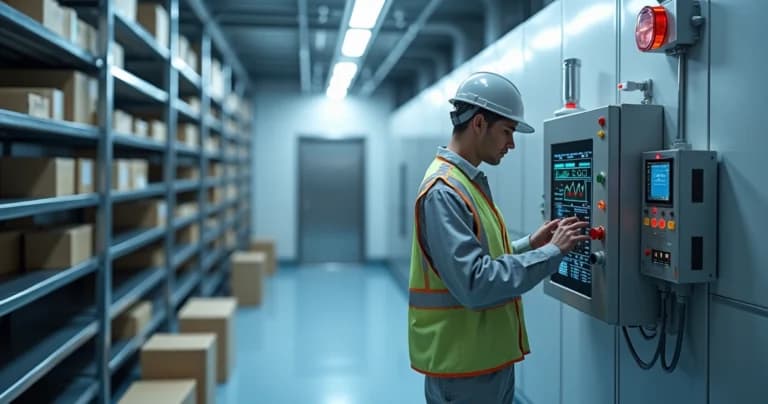 Technician checking alarm panel in industrial cold storage chamber