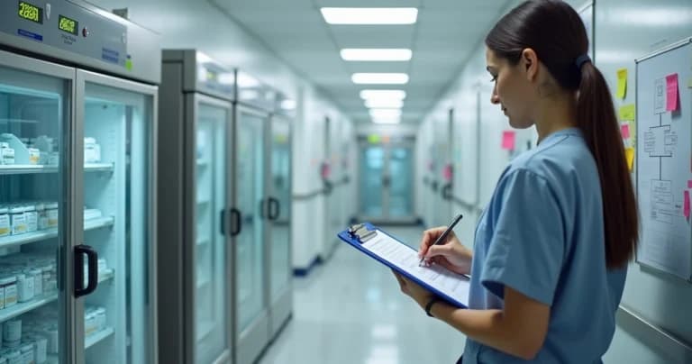 Profesional de salud verificando checklist frente a refrigerador de cadena fría hospitalaria