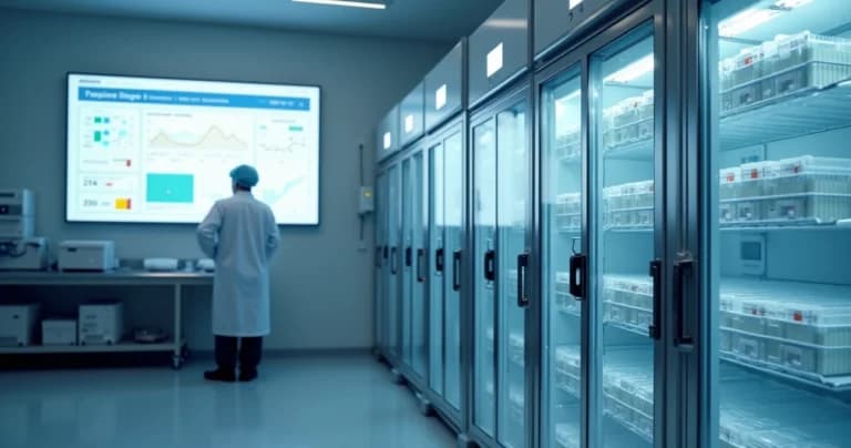 Profesional monitorea cadena de frío de vacunas en refrigerador con sensores y panel digital