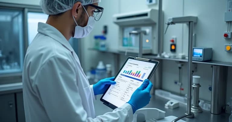 Professional checking biosafety checklist in laboratory with monitoring sensors