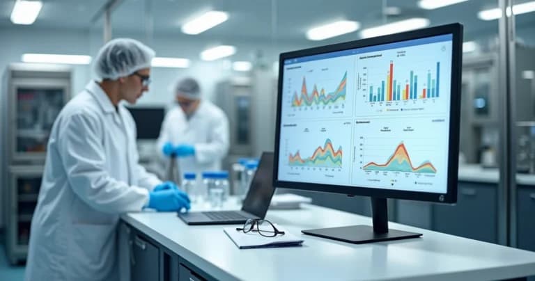 Panel digital con indicadores de desempeño en laboratorio farmacéutico