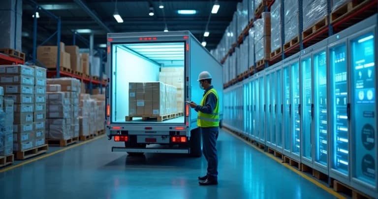 Centro de distribución farmacéutico con carga refrigerada siendo monitoreada por tecnología