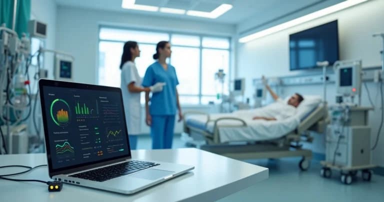 Equipo monitoreando sensores de telemetría en camas hospitalarias a través de panel en laptop