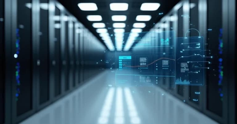 Sensores IoT monitoreando humedad en pasillo de data center moderno