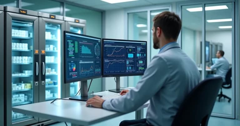 Professional monitors vaccine cold chambers on digital panel with IoT sensors