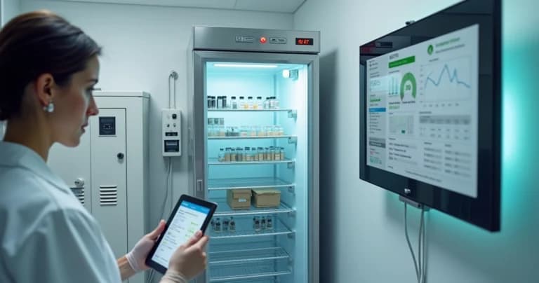 Profesional verifica refrigerador de vacunas conectado a monitor de temperatura y generador de energía