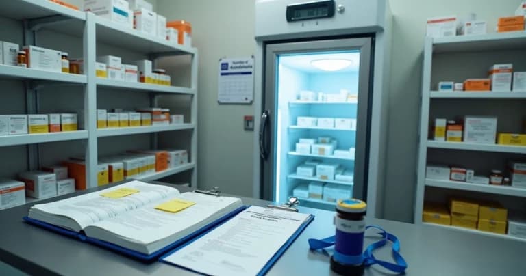 Estantes con medicamentos sensibles organizados al lado de libros de legislación y credencial de inspección dispuesto sobre el mostrador