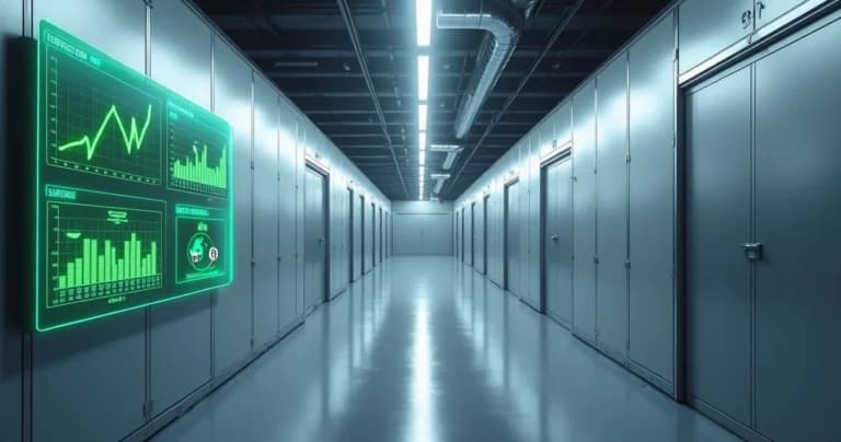 Pasillo de cámara fría industrial con puertas cerradas y gráfico de ahorro de energía flotando