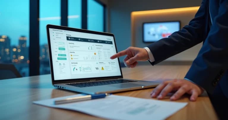 Professional analyzing compliance checklist on SaaS dashboard with digital approval workflow