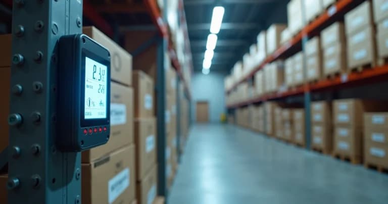 Registrador de temperatura y humedad en almacén industrial monitoreando productos sensibles.