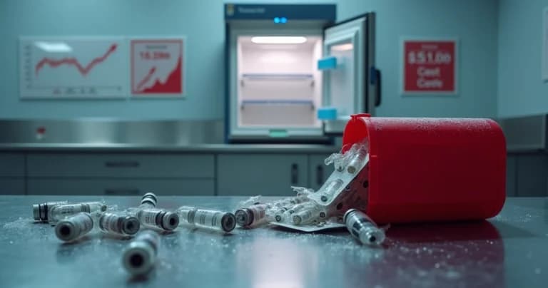 Medicamentos descartados de refrigerador hospitalario con gráfica de costos en segundo plano