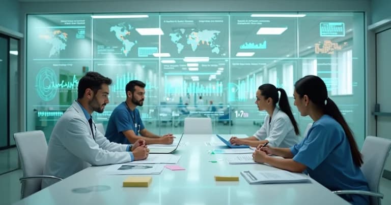 Equipo en hospital planificando soporte proactivo con panel digital futurista