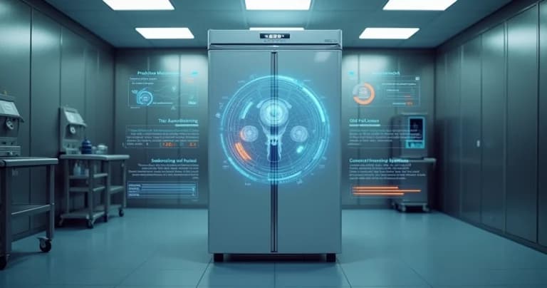 Radiografía digital de un freezer hospitalario mostrando datos predictivos de mantenimiento