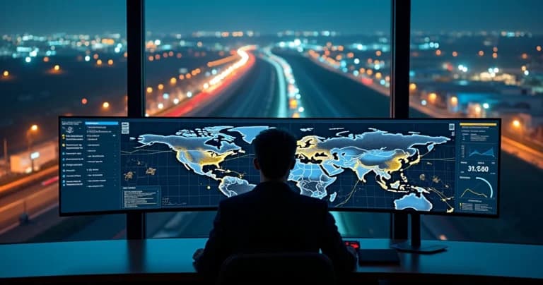 Panel digital controla ruta logística compleja con camiones en ciudad nocturna