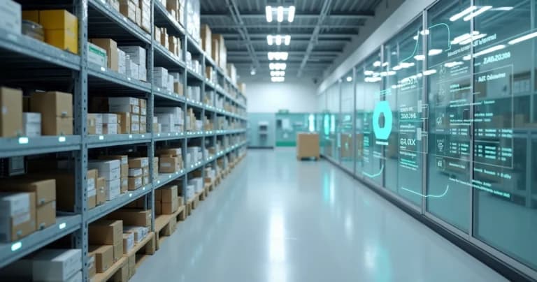 Sensores IoT de humedad y temperatura monitoreando insumos en estantes industriales