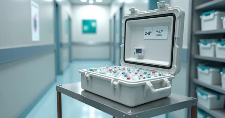 Caja térmica con frascos de vacunas y sensor digital de temperatura en ambiente clínico