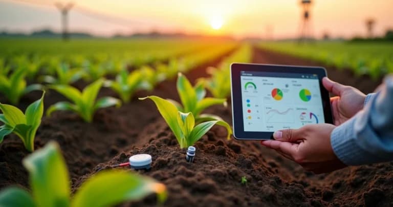 Sensor de humedad del suelo próximo a planta en área agrícola con tablet mostrando gráficos de riego