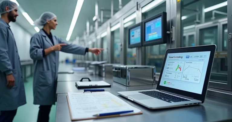 Profesionales revisan validación de software de monitoreo en línea de producción industrial