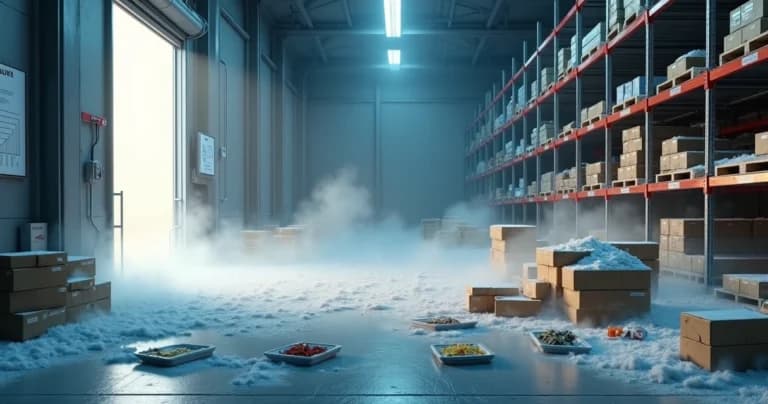 Open cold chamber with discarded supplies and smoke turning into carbon icons in the air